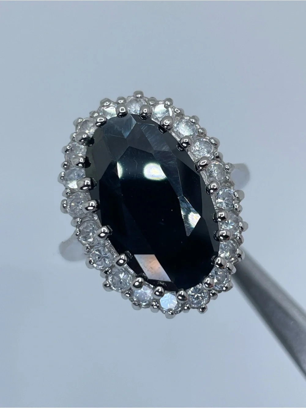 Onyx Black Diamond White Swarovski Crystals Oval Halo Ring Silver Statement Sz 7